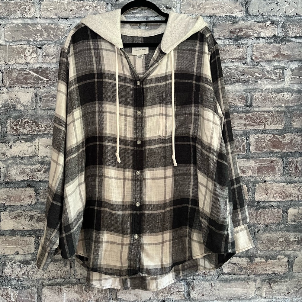 American Eagle Outfitters Plaid Teddy Jacket - Black and Cream